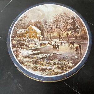 Vtg Currier & Ives Round 10” Tin Container W/lid Winter Moonlight Blue White